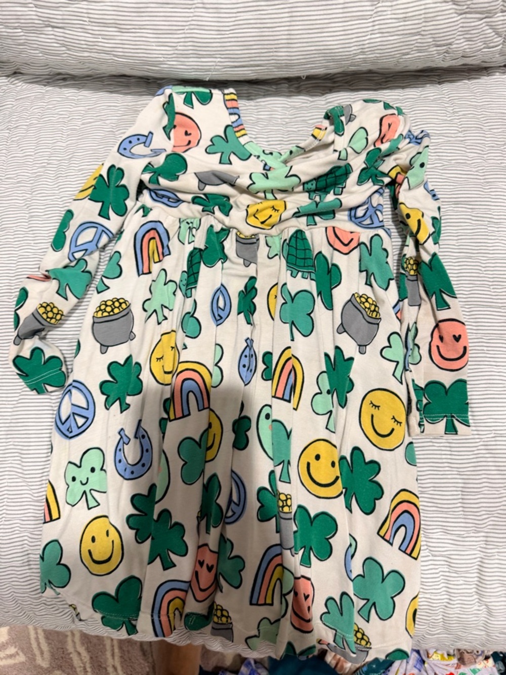 Little Sleepies White Dress with Green Shamrock & Multicolor Smiley Rainbows